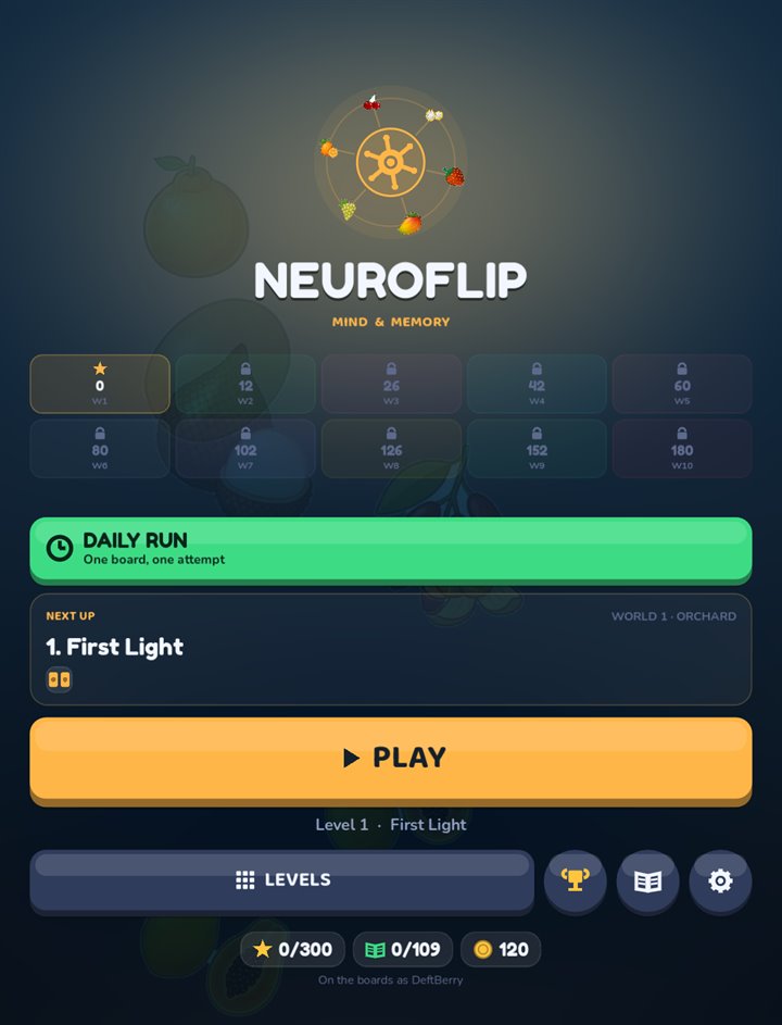 The NeuroFlip main menu: the logo above a row of ten world tiles, a green Daily Run banner, and a gold Play button.