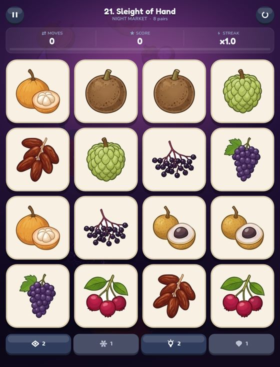 A four-by-four board of face-up fruit cards during the opening peek.