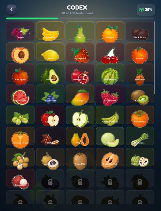 The codex grid, filled with discovered fruit and empty slots.
