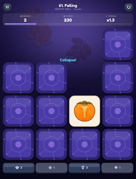 A board mid-collapse, cards sliding down into cleared cells.
