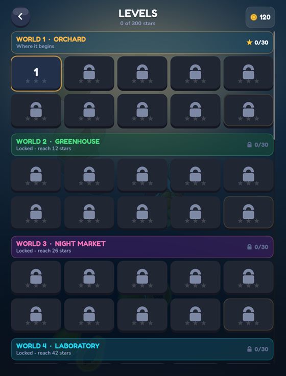 The level map showing ten worlds, most of them locked behind star totals.